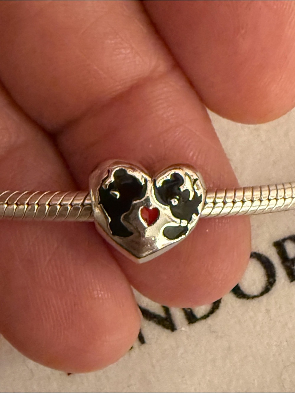 Pandora Silver Heart Charm with Black Pet Silhouettes and Red Heart